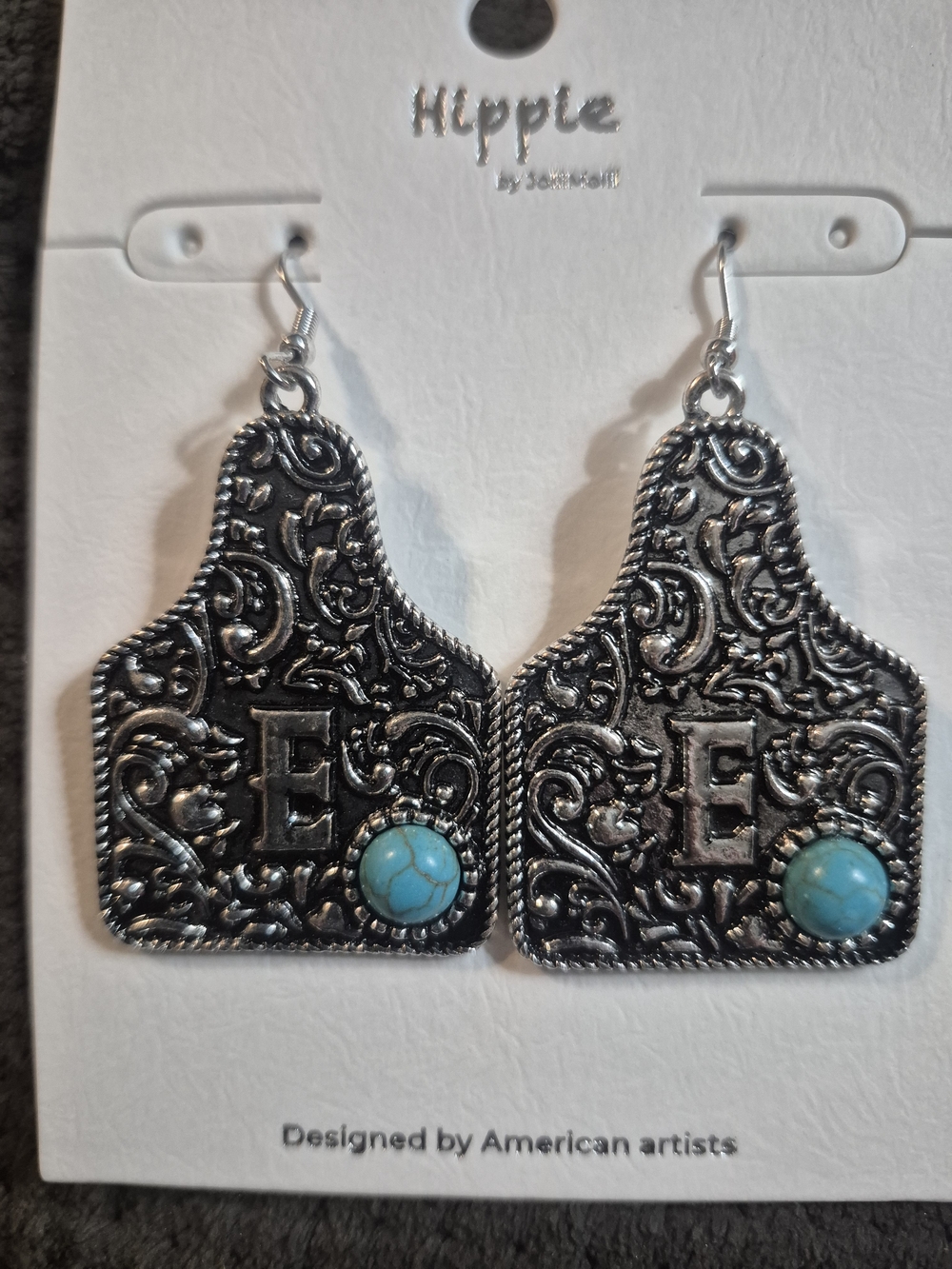 Hippie Rose Silver-Tone Embossed 'E' Dangle Earrings with Turquoise Accent